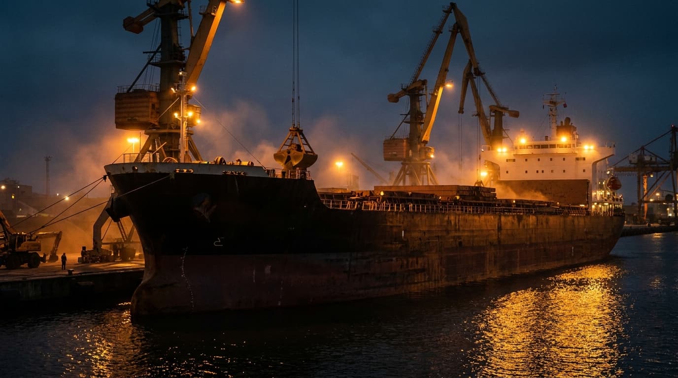 Bulk carrier loading commodity cargo at berth