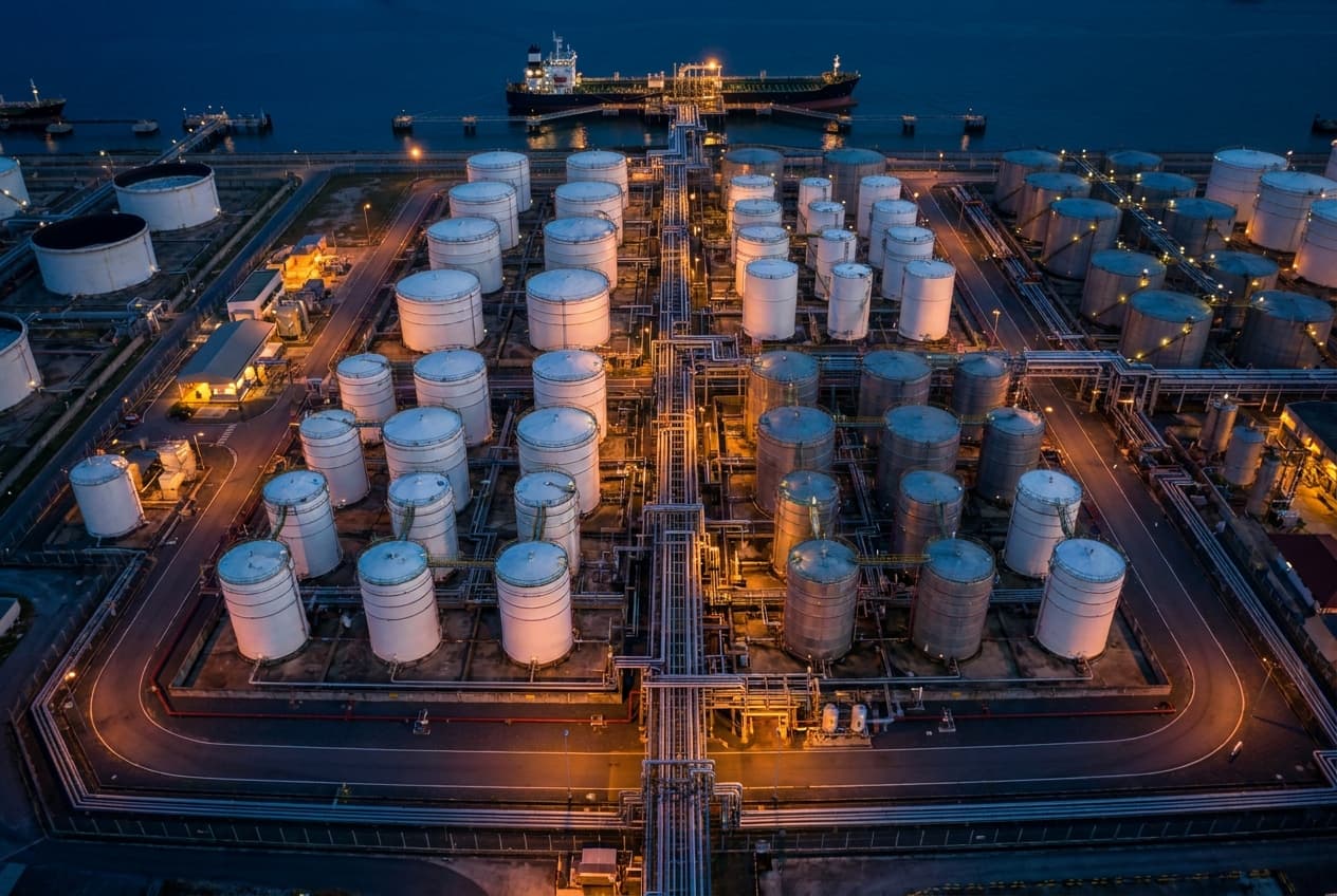 Oil storage terminal at dusk with tanker berth