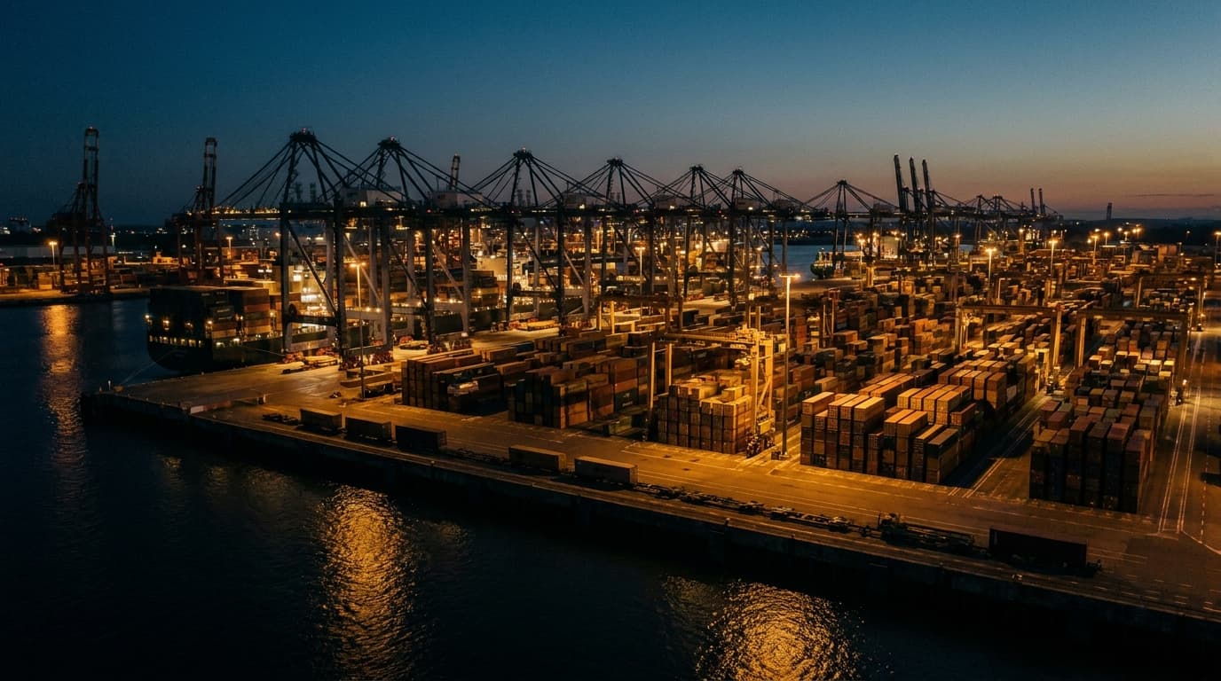 Container port at dusk
